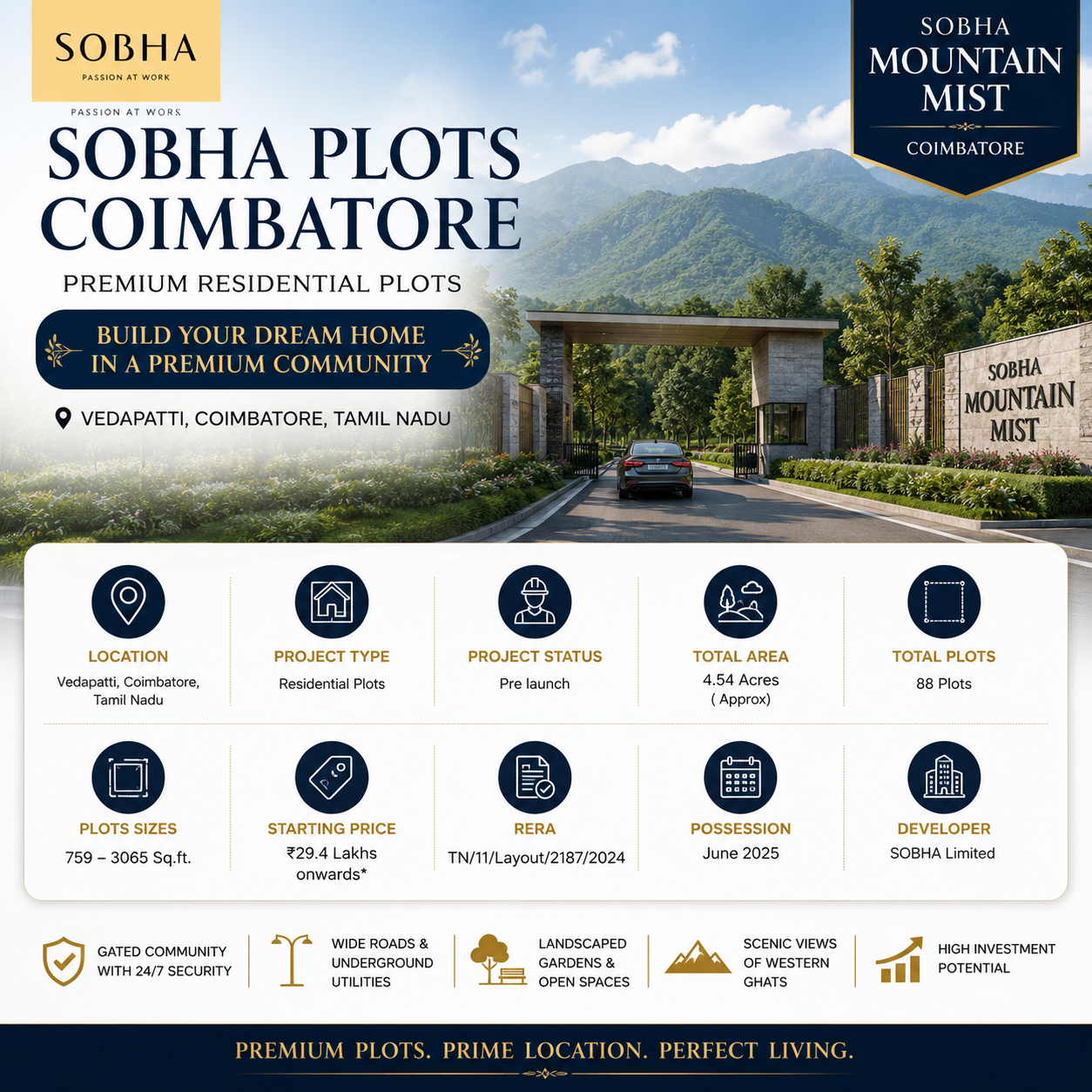 Aerial view of Sobha Plots Coimbatore gated community with lush greenery and residential plots